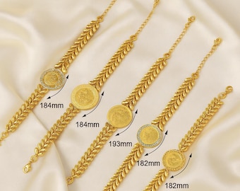 Wheat Chain Coin Charm Bracelet, Turkish Ottoman 21K Gold-Plated Bridal Bracelet, Henna Party Gift for Her — Ward