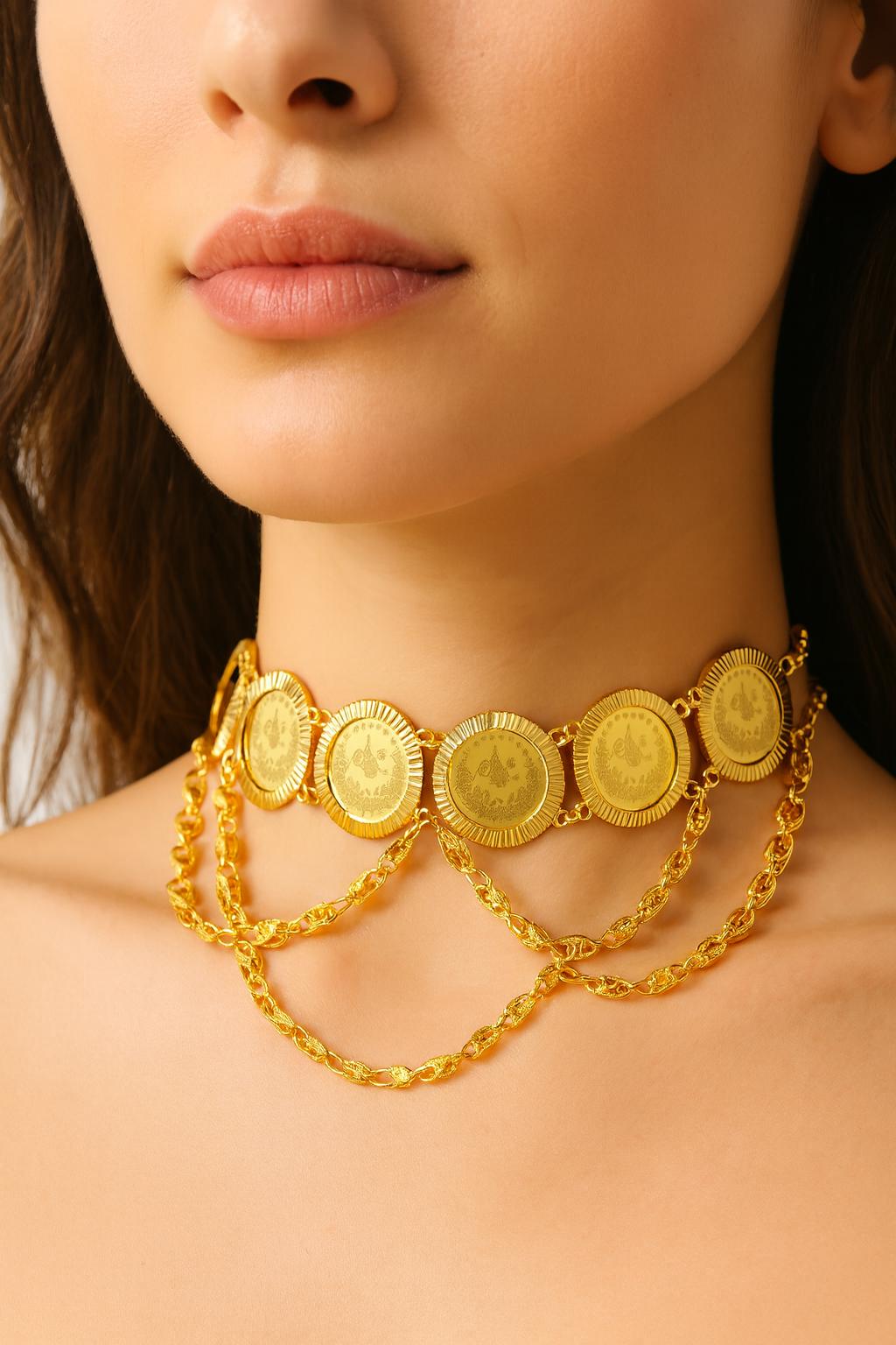 Zohour 21K Gold-plated Coin Choker Necklace, Gift for Her, Two