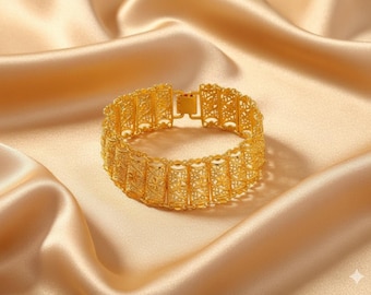 Wide Floral Filigree Panel Bracelet, 18K Gold-Plated Vintage Bridal Bracelet — Lutfiya