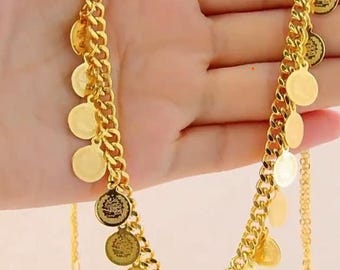 Falahi Coin Drop Necklace & Earring Set, Hammered Disc Charms on Curb Chain, 21K Gold-Plated Bridal Set —  Bahia