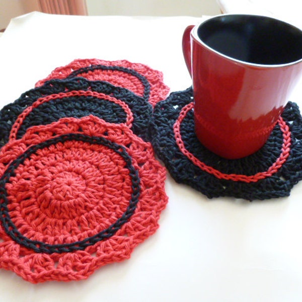 SALE - Set of 4 Red & Black Crocheted Coasters