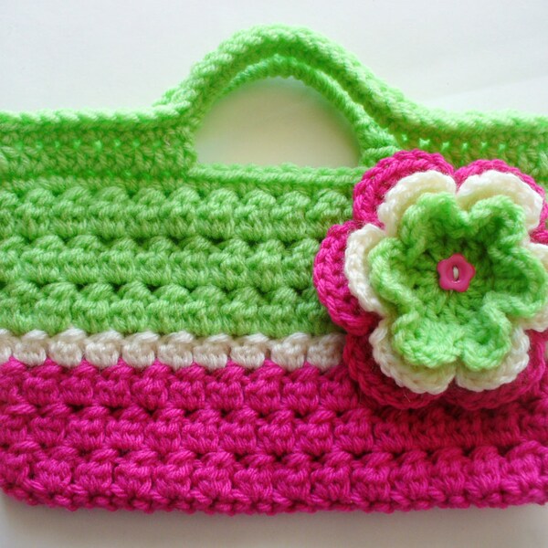 ON SALE - Crocheted Lime Green, Fushia & White Bag