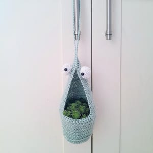 May include: A pale blue crochet hanging planter, shaped like a pouch, with large googly eyes, filled with green plants. It hangs from a metal bar on a white door. The handmade design adds a whimsical touch to home decor.