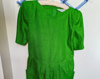 Vintage Green Dress Chetta B by Peter Noviello Sherrie Bloom Linen 1980s 1970s Union Made Pleated Gathered Sleeve