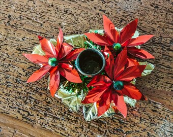 Japan Christmas Candle Holder Vintage Retro Poinsettia Foil Holiday Taper Kitschy Decor 1950s 1960s 1970s