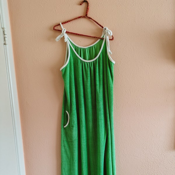 Vintage Terrycloth Dress Maxi Kelly Green White Trim Swimsuit Coverup Beach Lake Retro Kitschy Cute 1960s 1970s Sundress Towel