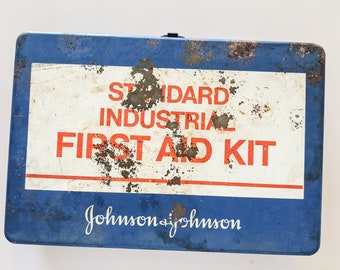 Vintage First Aid Kit Johnson & Johnson Retro Metal Rusted Industrial