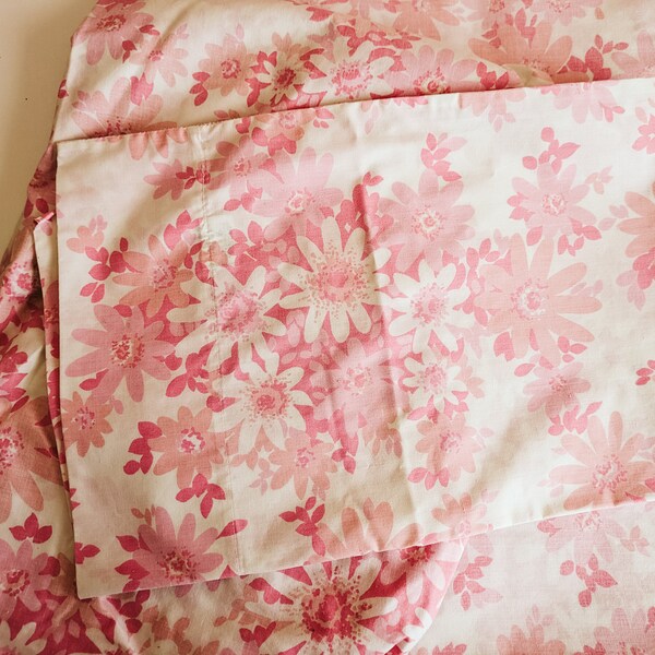 Fashion Manor Sheets Vintage Pink Daisy Retro Double Bed Fitted Pillowcase Set 1960s 1970s Floral Flower Power