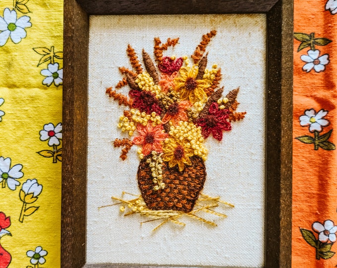 Vintage Crewel Embroidery Retro 1970s Basket of Flowers Mini Cute