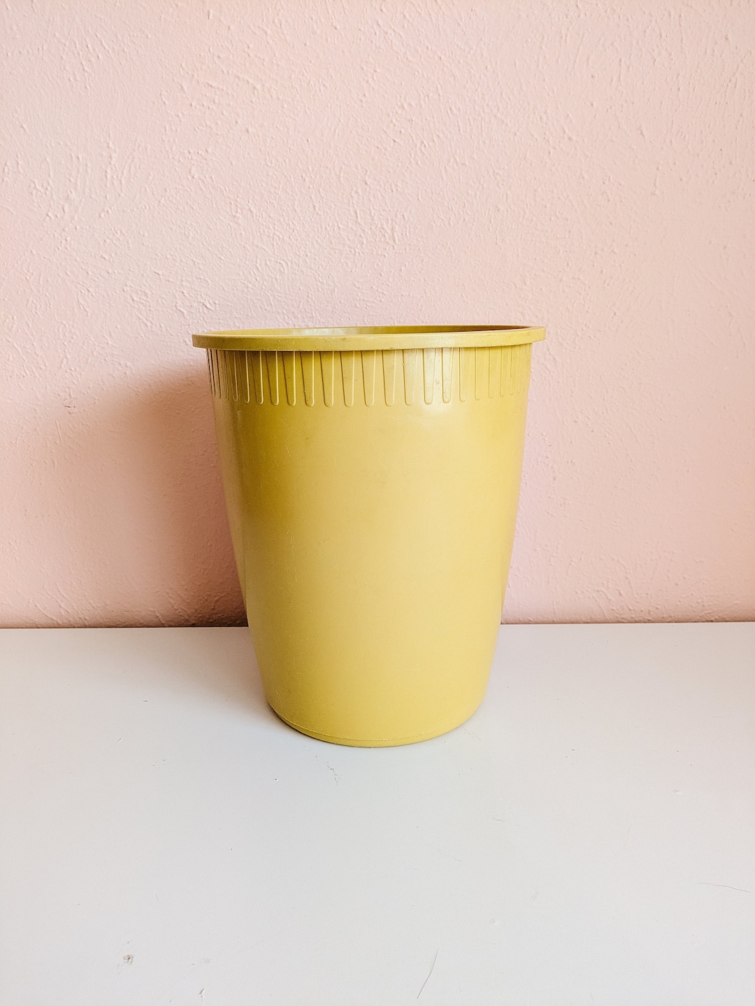 Vintage Trash Can Retro Mustard Yellow Harvest Gold Plastic Desk Office Kitchen Bathroom 1960s ...