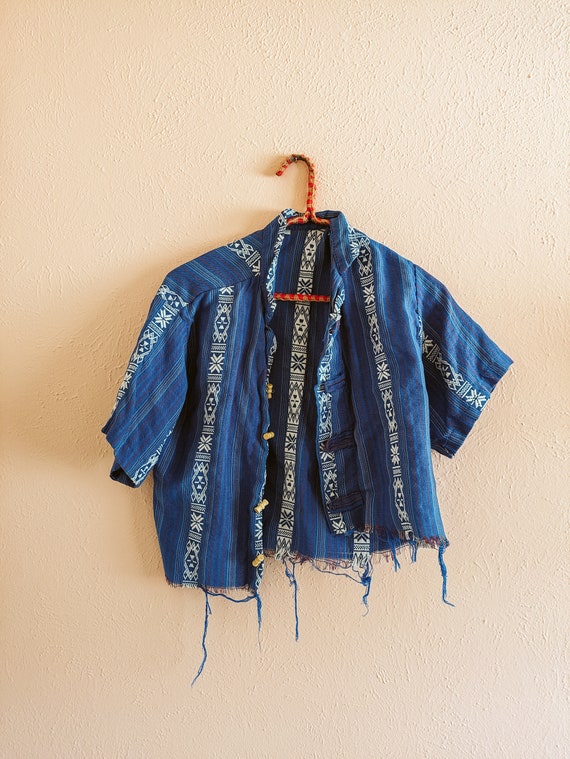 Indigo Blue Shirt Vintage Retro Embroidered Hippie