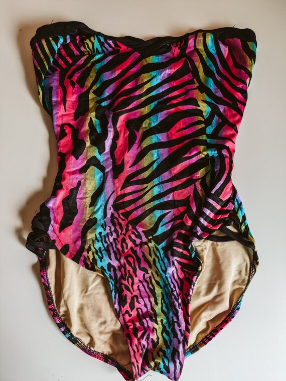 Vintage 1990s Swimsuit 1980s Retro One Piece Strapless Lisa Frank Animal Print Zebra Cheetah Rainbow Lace Sides Size M L Etsy Australia