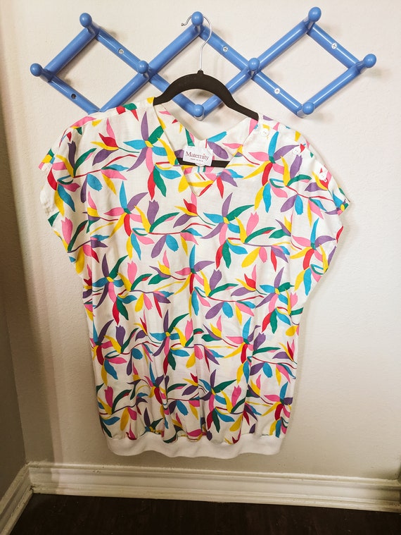 Vintage 1980s Shirt Colorful Rainbow Leaves Tropic