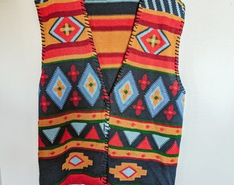 Vintage Knit Vest Retro 1990s 1980s Colorful Y2K Southwest Tribal Print Striped Diamonds