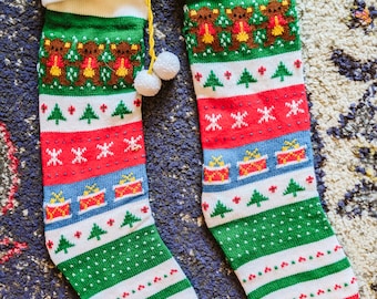 Vintage Christmas Stockings Knit Retro 1970s 1980s Teddy Bears Trees Drums Snowflakes Cute Kitschy, set of 2