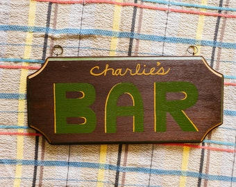 Vintage Bar Sign Wooden Hand Painted Charlie's Retro MCM 1950s 1960s 1970s Wall Decor Plaque