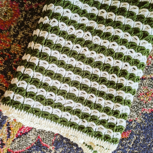 Vintage Afghan Crochet Retro Avocado Green and White Striped Cottage Core Hippie Textile Blanket Throw Bed Linen Sofa