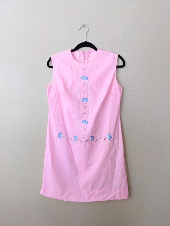 Vintage Pink Embroidered Blue Floral Shift Dress