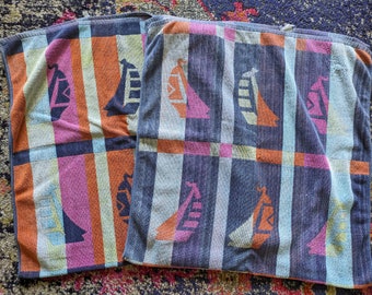 Sailboat Beach Towels Vintage Retro 1980s 1990s Set of Two Blue Orange Pink