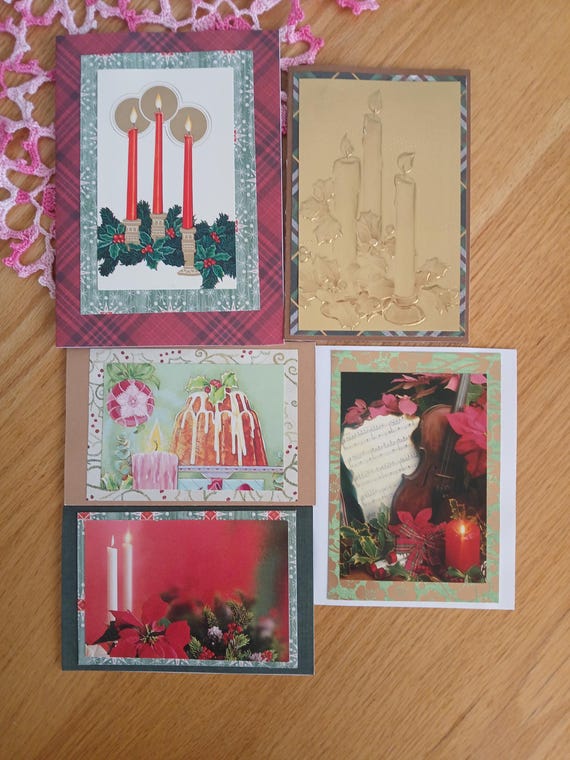 5 recycled hand made candle Christmas cards.