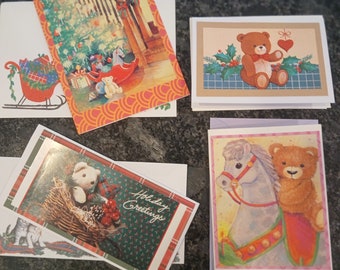 4 recycled hand made teddy bear Christmas cards.