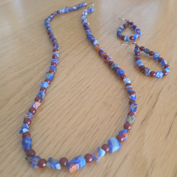 Blue millefiori and maroon hand made beaded jewelry set. 22" necklace and loop earrings.