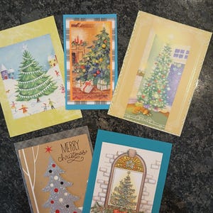 5 recycled hand made Christmas tree cards.