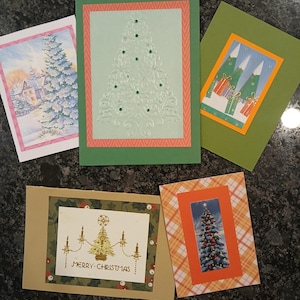 5 recycled hand made Christmas tree cards.
