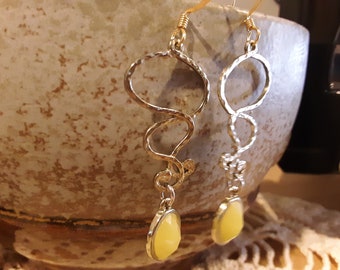 Earrings, dangle, gold, yellow, recycled, 1 7/8" drop