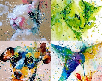 Custom Pets Portrait with splattered and dripped watercolour style by Tilen Ti