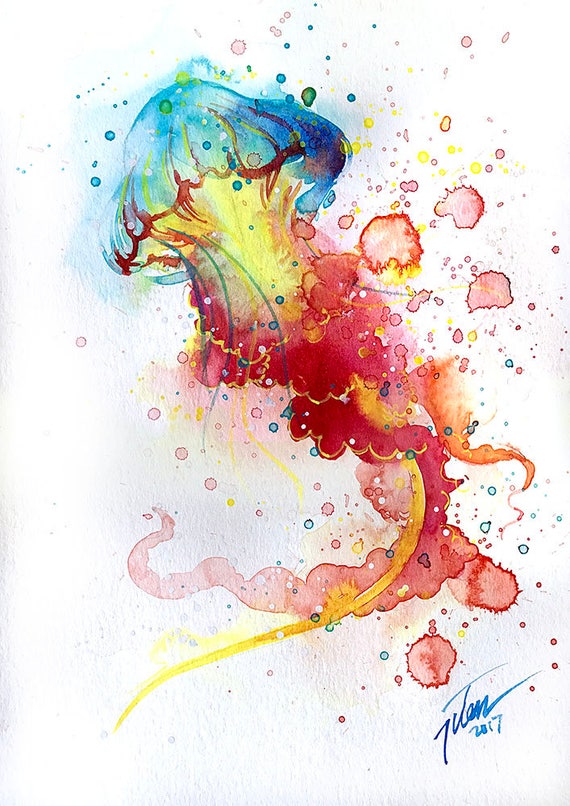 Jellyfish watercolour painting A4 8.3 x 11.7 inches Etsy