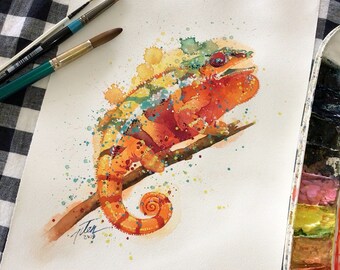 Chameleon• watercolour • print by Tilen Ti