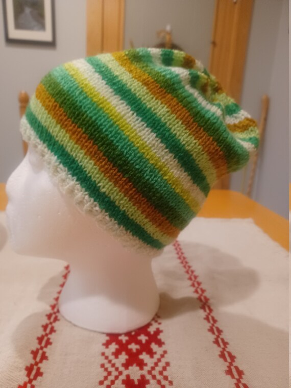 Striped Green and Brown HandKnit Women\'s Hat Thick Knit Striped Beanie main image 4
