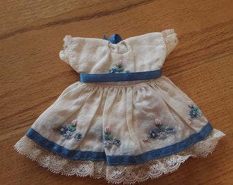 Doll dress, vintage, beige, blue ribbon, flower embroidery