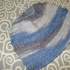 Children's hat, hand knit, blue, grey, machine wash and dry, 18" around image 1