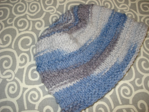 Children's hat, hand knit, blue, grey, machine wash and dry, 18" around