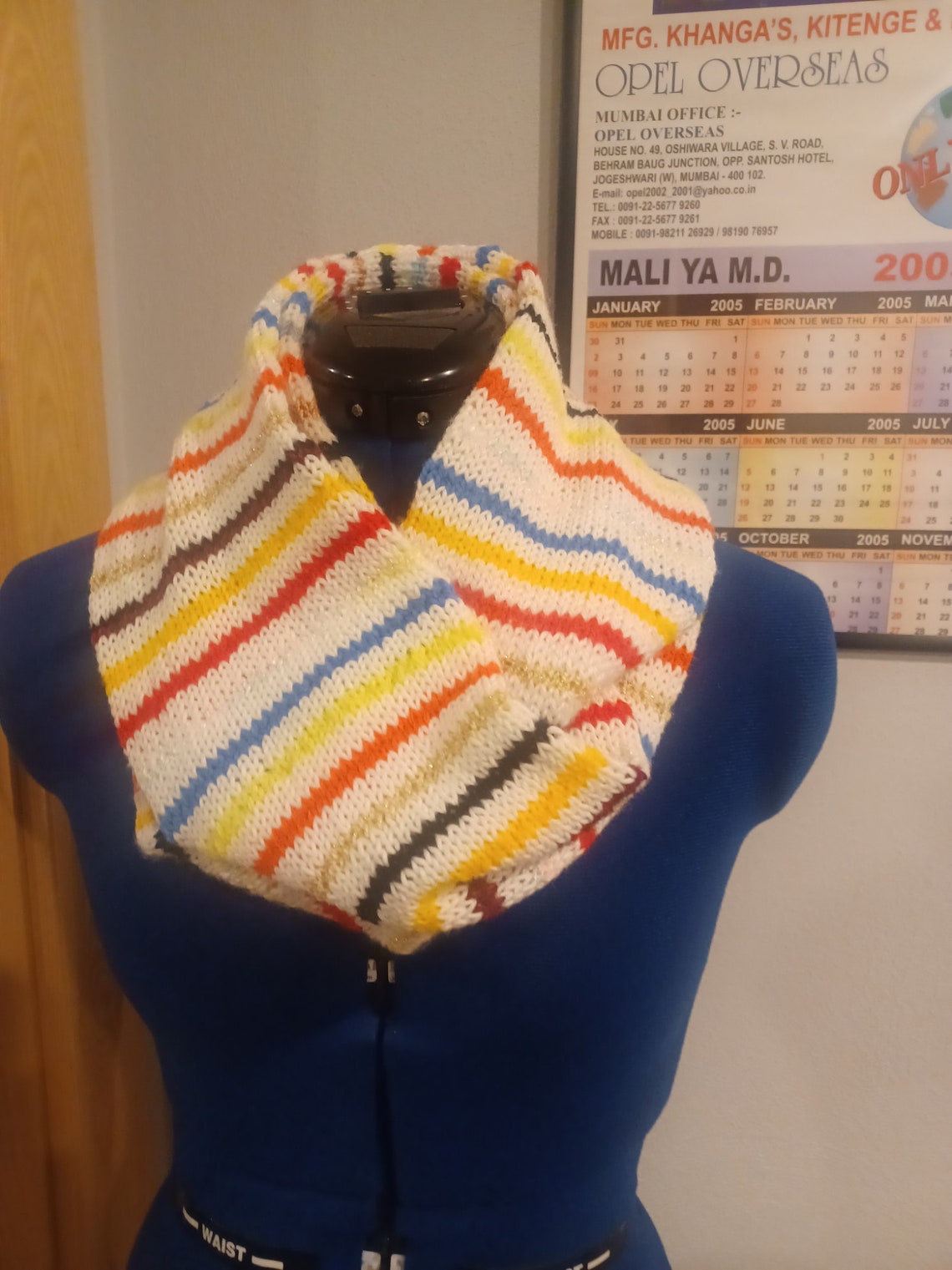 Hand Knit Multicolor Striped Long Loop Scarf With White Background. 54 ...