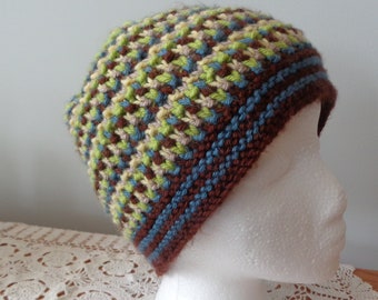 Hat, hand knit, blue, brown, yellow, green, machine wash and dry
