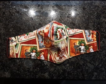 Face mask, women's, Christmas stamps,filter pocket, cotton, 11 1/2" x 5 1/2"