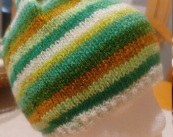 Striped Green and Brown HandKnit Women\'s Hat Hand Knit Striped Hat. Green, Brown, Grey and White. - Etsy main image 4