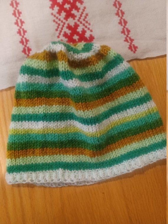 Hand Knit Green and Brown Striped Hat - Etsy display picture 1