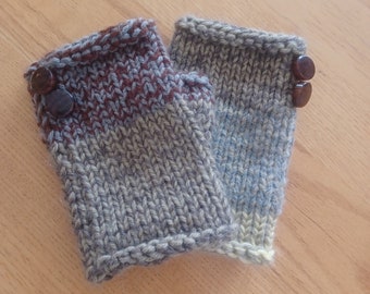 Hand knit fingerless mitts. Brown, tan, grey and yellow with vintage buttons.