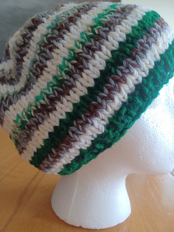 Striped Green and Brown HandKnit Women\'s Hat Hand Knit Striped Hat. Green, Brown, Grey and White. - Etsy main image 3