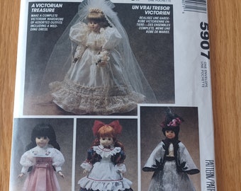 Vintage McCall's 5907 Victorian doll clothes pattern, including a wedding dress. For dolls 13", 14" and 16". Factory fold.