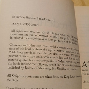 May include: Open book page with text from Barbour Publishing, Inc. Copyright 2000. ISBN 1-59310-388-3. Text includes copyright information, permissions, and credit lines. Cover illustration by Dick Bobnick, cover design by Douglas Miller.