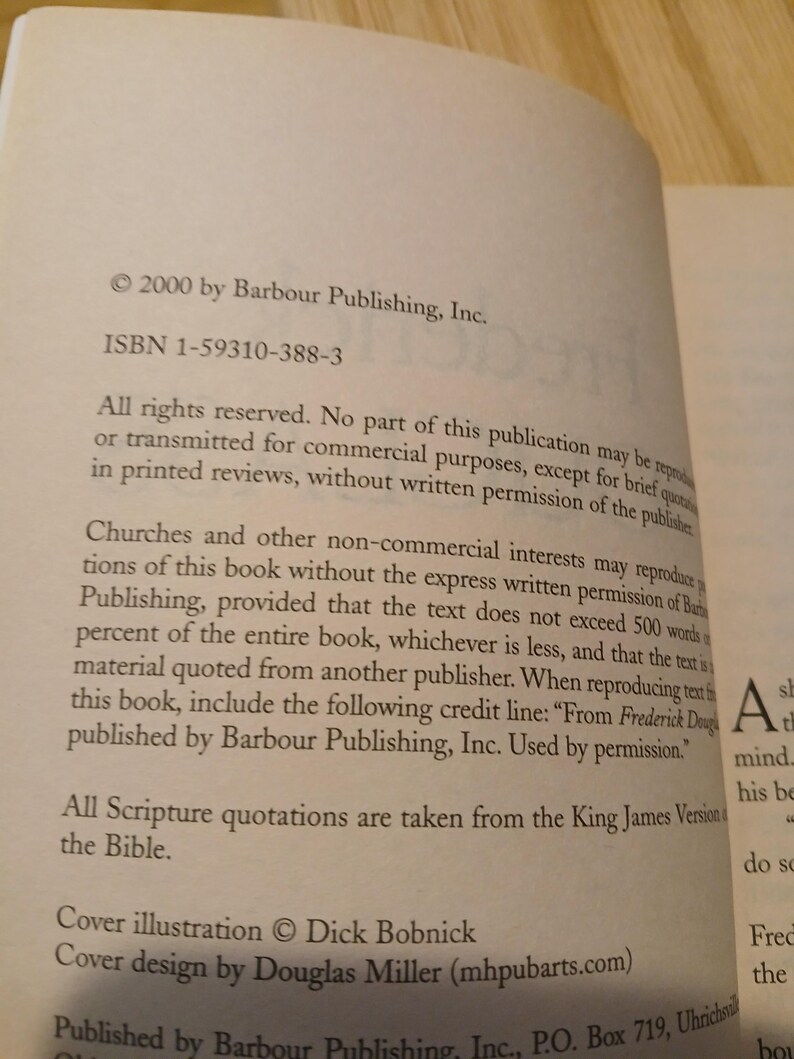 May include: Open book page with text from Barbour Publishing, Inc. Copyright 2000. ISBN 1-59310-388-3. Text includes copyright information, permissions, and credit lines. Cover illustration by Dick Bobnick, cover design by Douglas Miller.