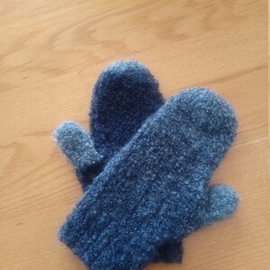 Hand knit blue boucle mittens