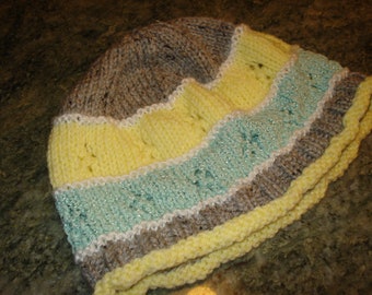 Hat, hand knit, slouchy, green, yellow, white