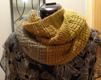 Scarf, cowl, hand knit, grey, beige, brown, gold, 56" around, 8" wide