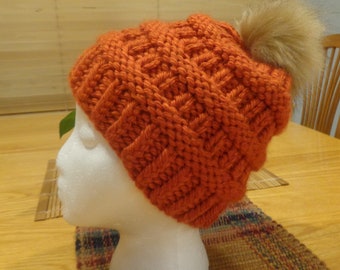 Knit hat, orange, bulky, fur pompom